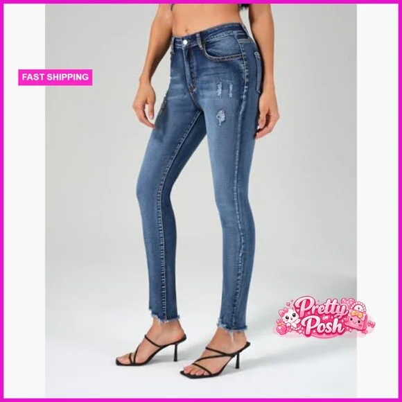 Skinny Jeans Mid Rise Ripped Stretchy Denim Pants Distressed